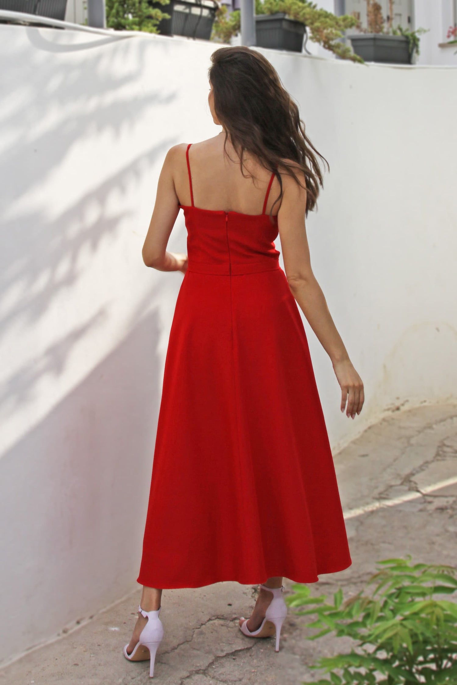 crepe red dress & Other Stories satin crepe midi dress with drape neck in red